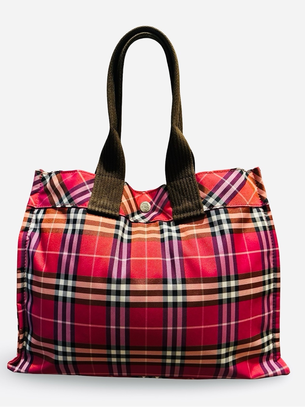 Burberry Blue Label Pink/Red Nova Check Nylon PM Tote Bag - Excellent Condition